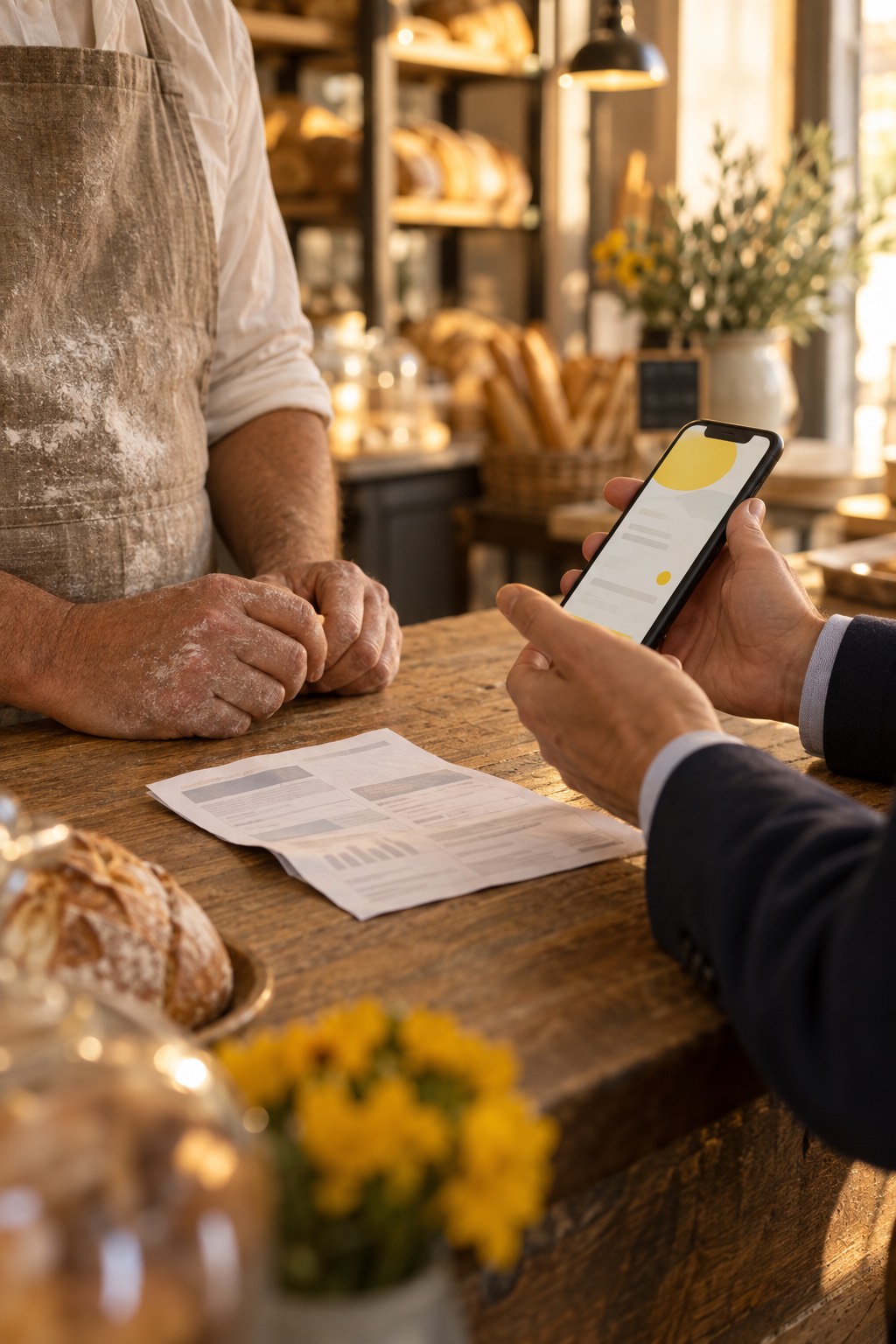 Un consulente mostra il confronto sullo smartphone al titolare di un forno, con la bolletta sul bancone